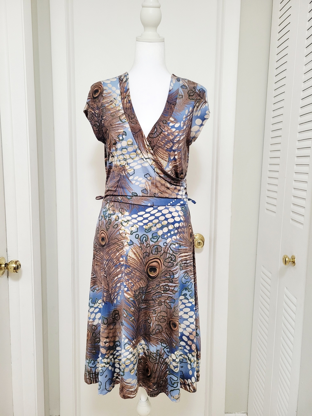 Women's Blue & Brown Faux-Wrap Peacock Print Dress